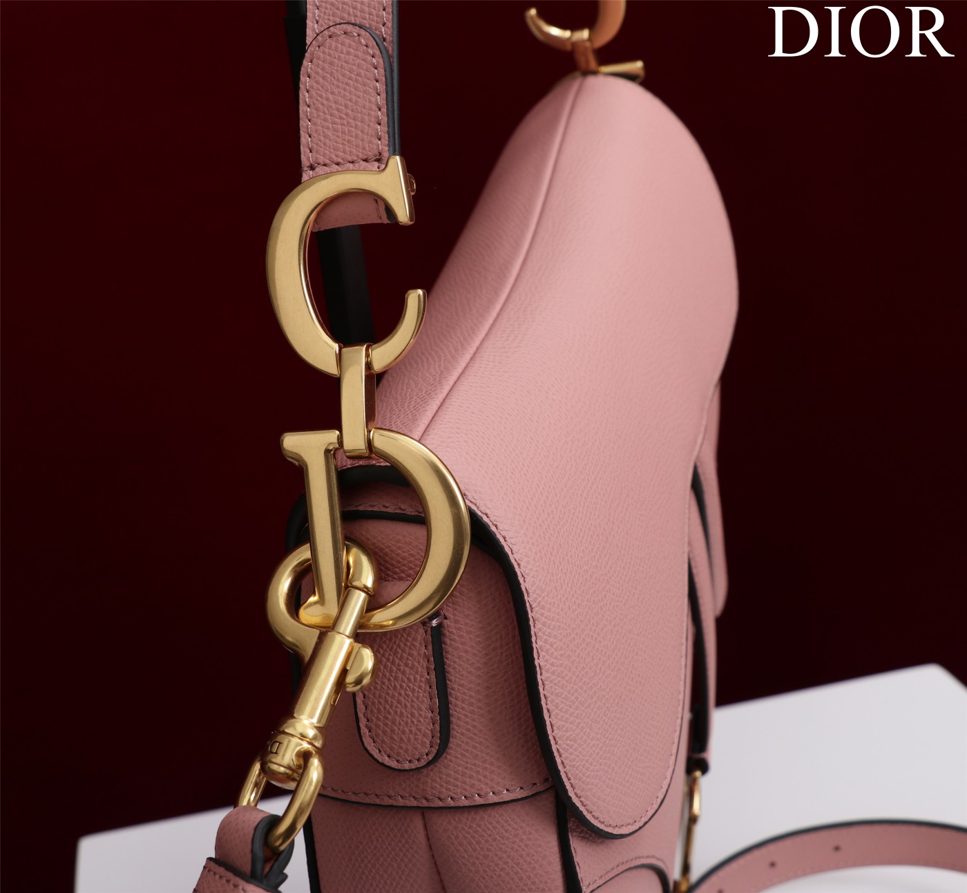 Saddle Bag with Strap Pink Grained Calfskin